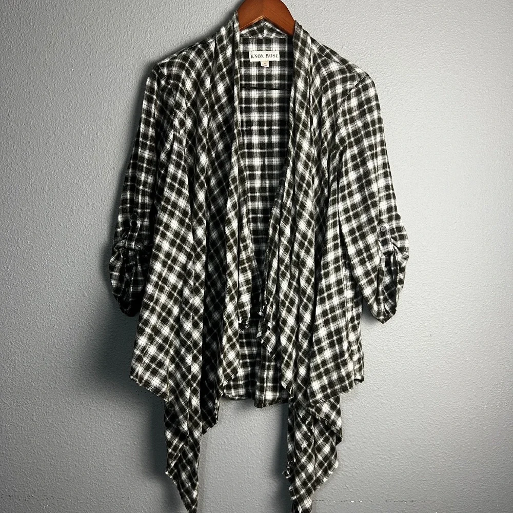 Knox Rose Brown Soft Plaid Cardigan Open Front Roll Tab Sleeve Casual Top Size M